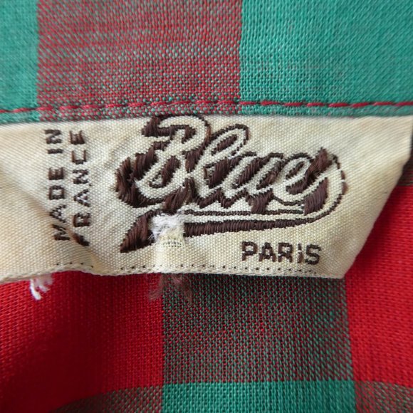 Vintage Blues Paris Red Green Check Crop Top Tie Waist Flower Buttons France M - Picture 7 of 9